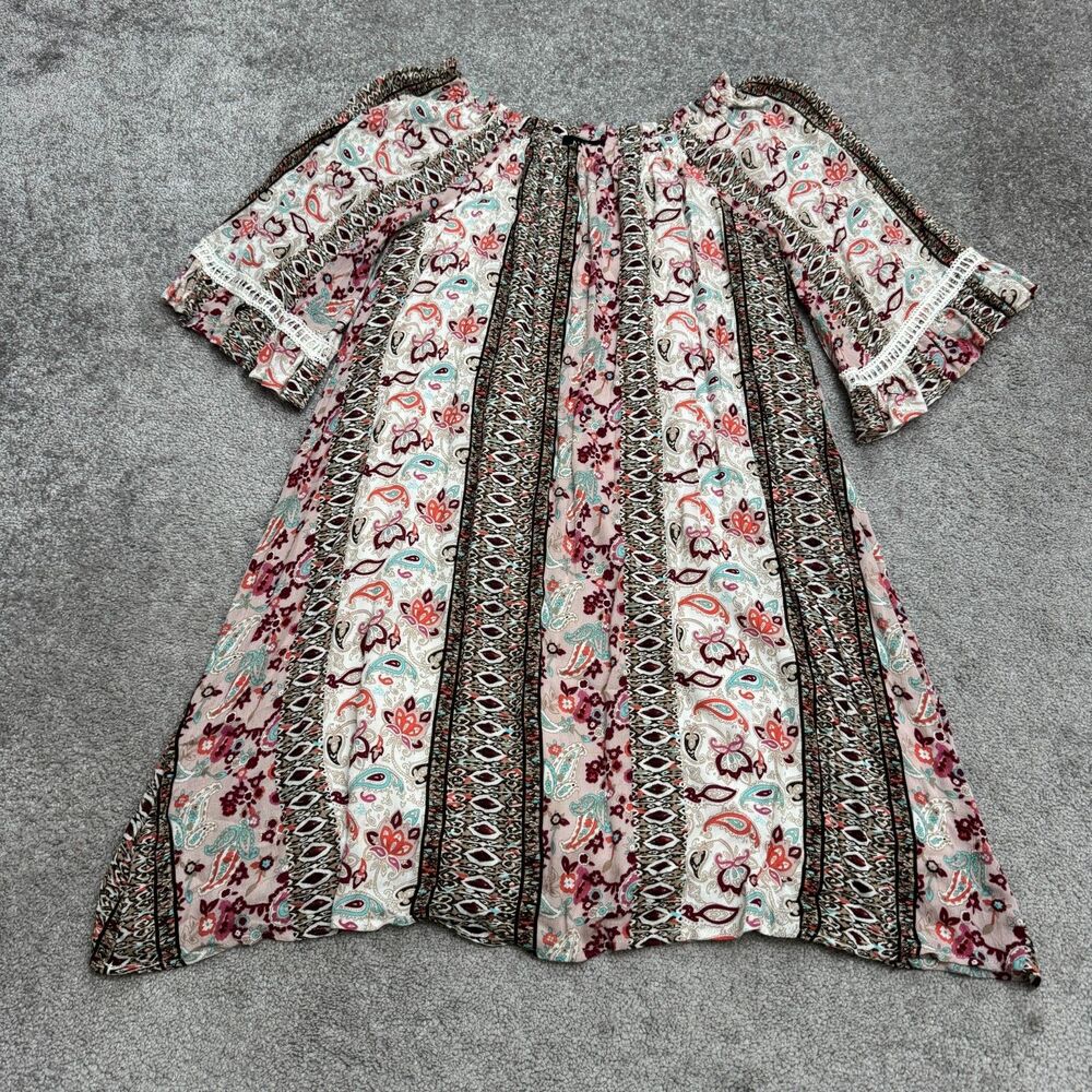 NAIF Paisley Boho Bell Sleeve Shift Dress Womens Large Multicolor Crochet Trim